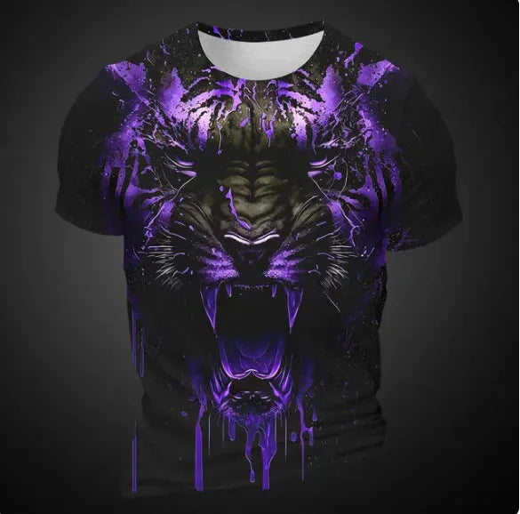 Men's grey T-shirt with detailed 3D tiger pattern print on front, short sleeves, pullover style