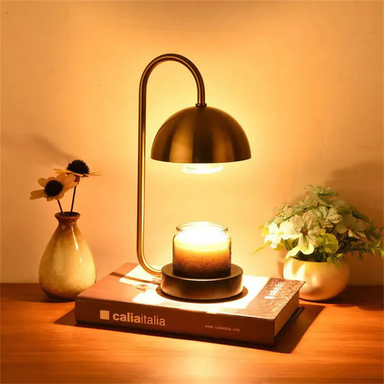 Solid wood aromatherapy wax melting lamp with dimmable knob on bedside table