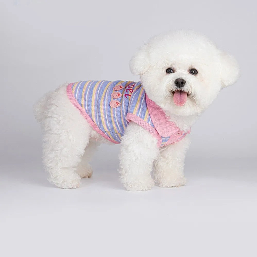 Pink purple dog autumn vest shown with seven size options from XXS to XXL for pets 1.50kg to 14.00kg