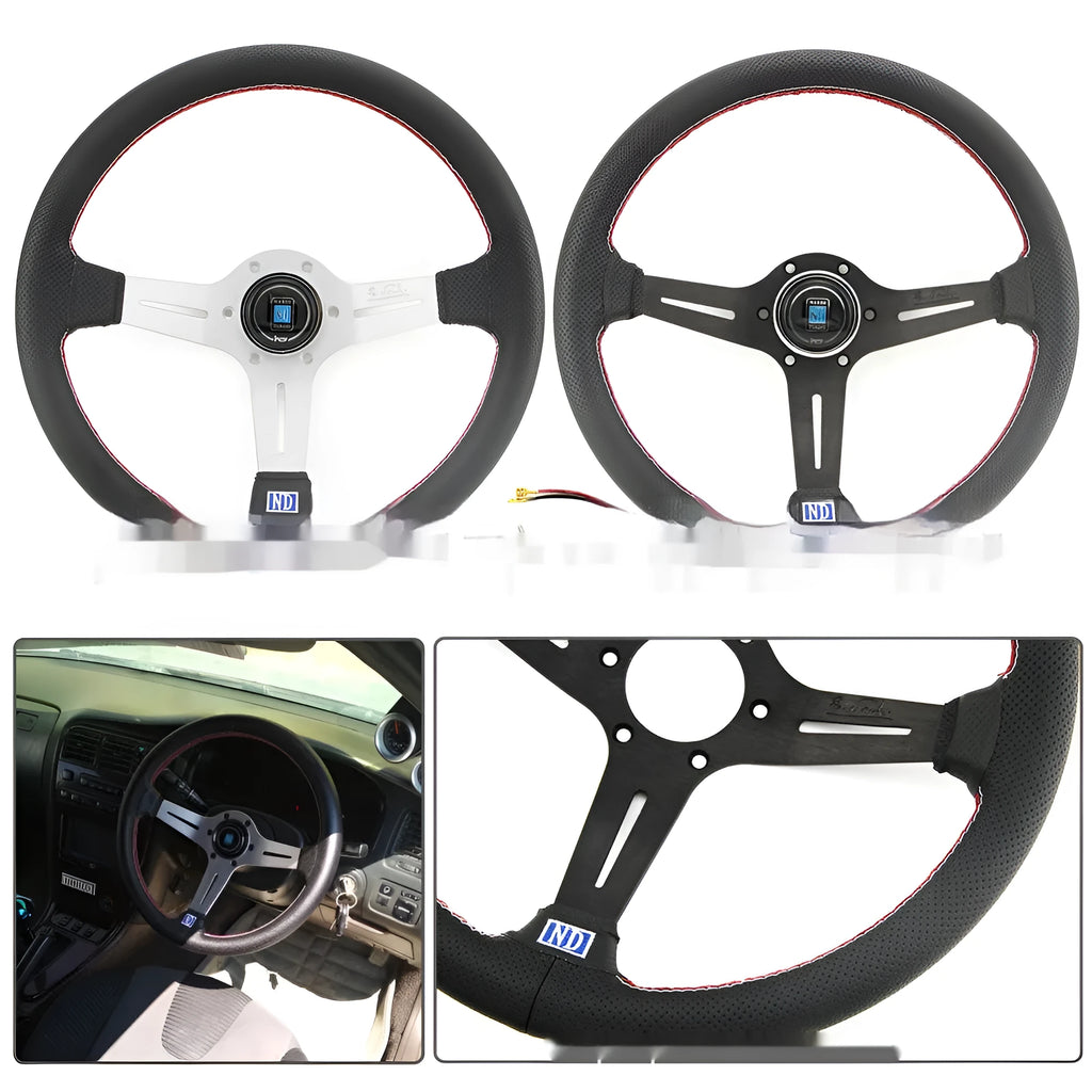 14-inch leather steering wheel with concave rim and black metal skeleton frame