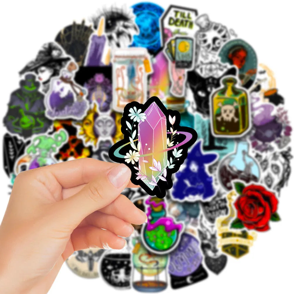 Assortment of 50 glossy waterproof PVC stickers in sizes from 3 to 8 centimetres.
