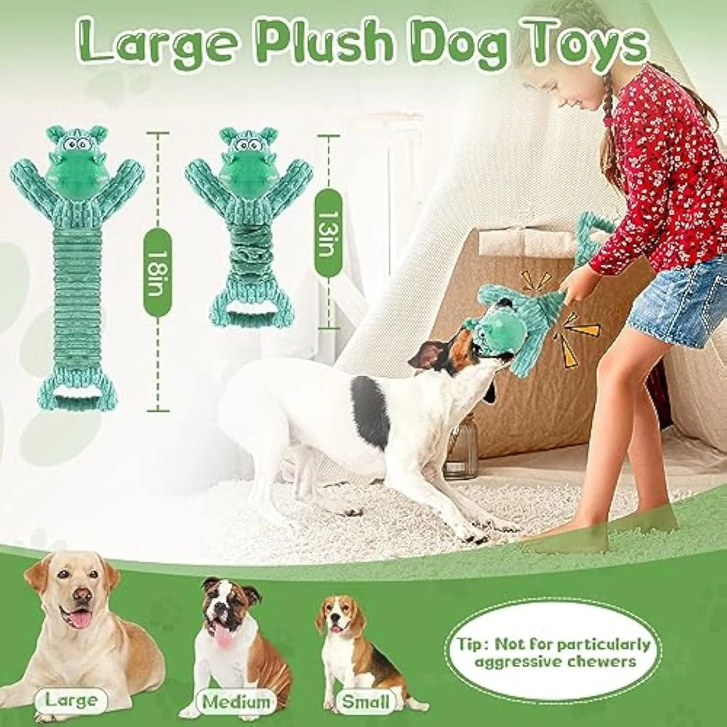 Large blue Hippo-shaped plush dog toy with a handle, shown next to a brown Monkey version.