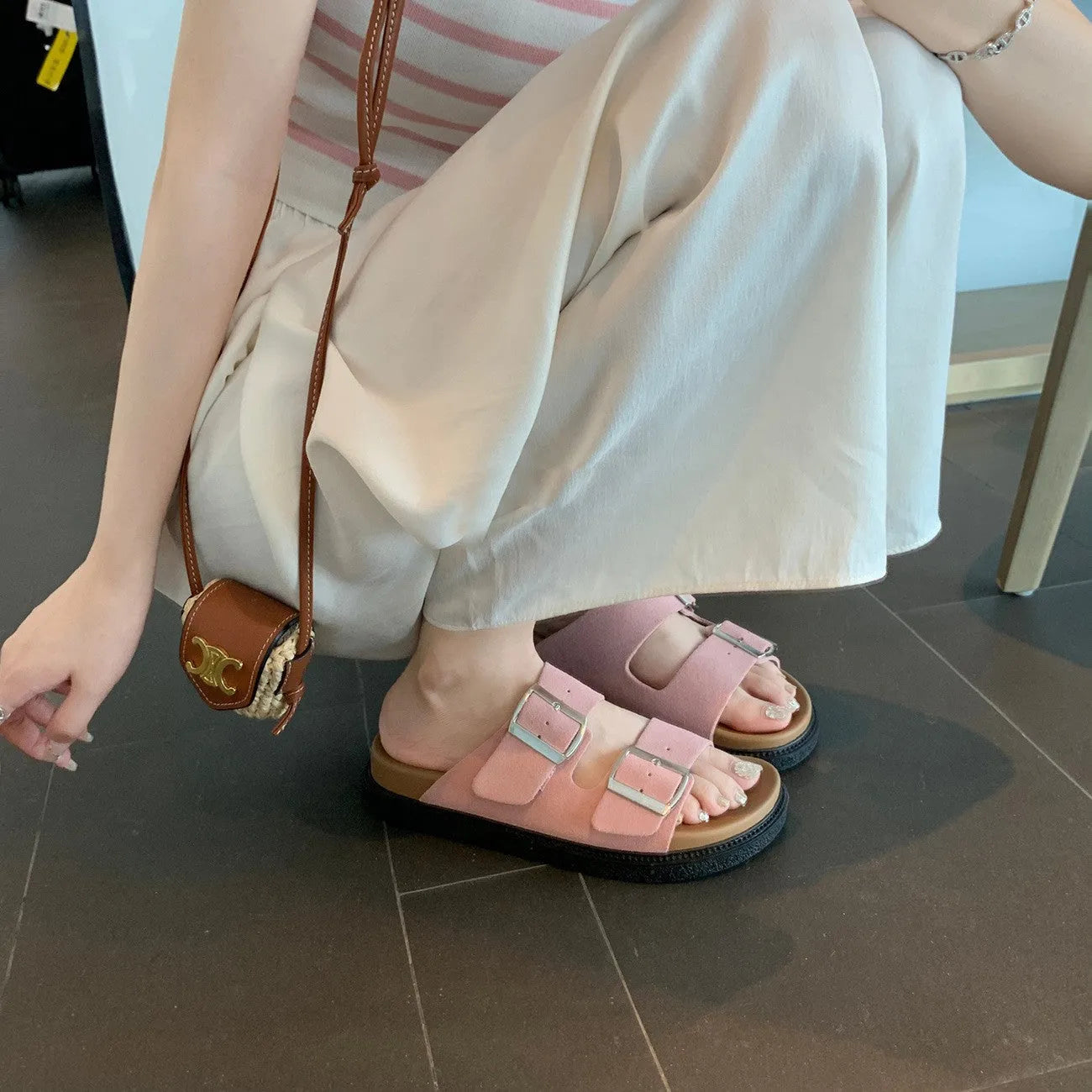 Women's belt buckle half slippers in microfiber with rubber sole, round toe, colour black