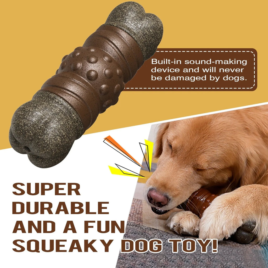Wood colour plastic bone-shaped dog toy with textured dental cleaning surfaces for chew play and oral care