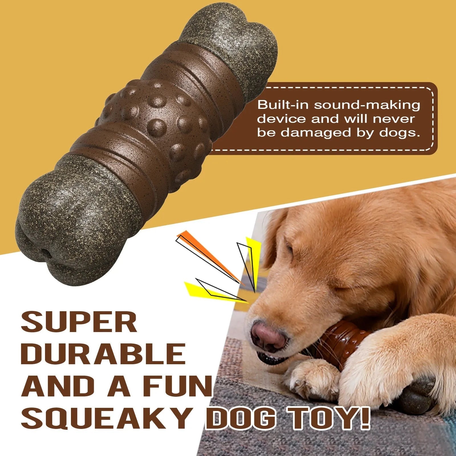 Wood colour plastic bone-shaped dog toy with textured dental cleaning surfaces for chew play and oral care