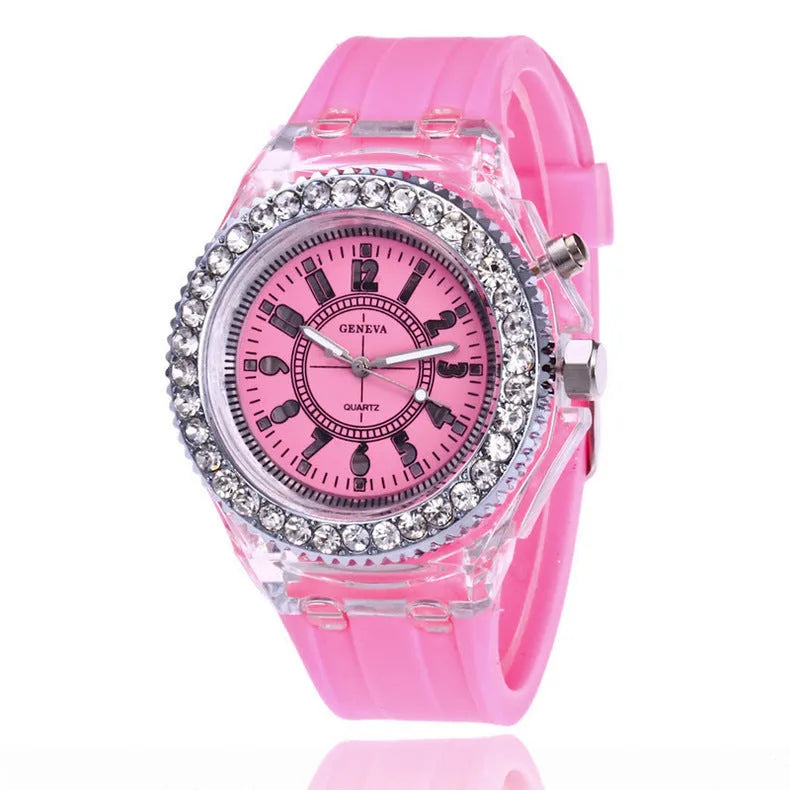 Women's LED luminous quartz watch with round 43mm dial on a silicone strap