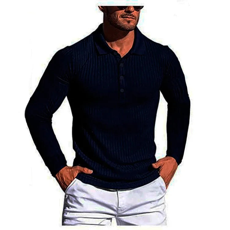 Man wearing a loose-fitting, striped, short-sleeve polyester shirt in a neutral colour.