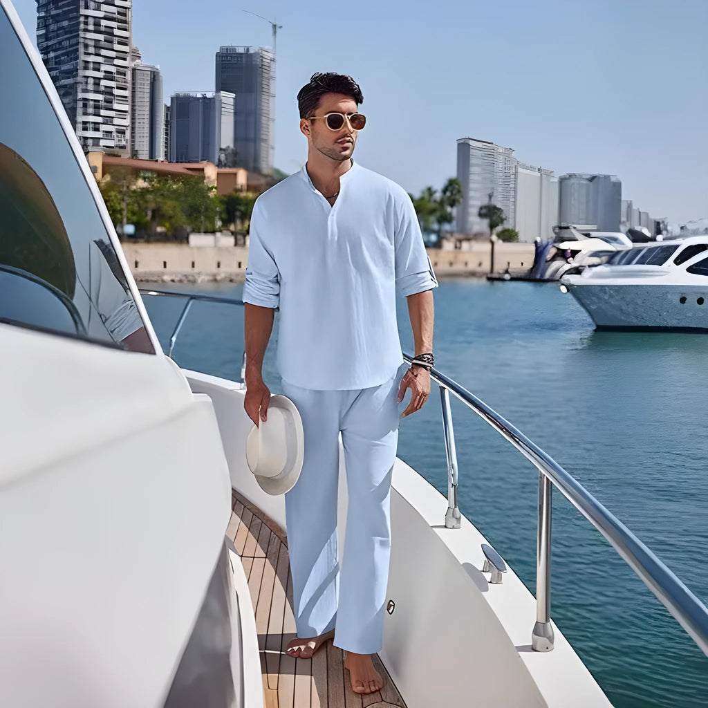 Men's casual cotton trousers suit set in solid colour with long sleeve top