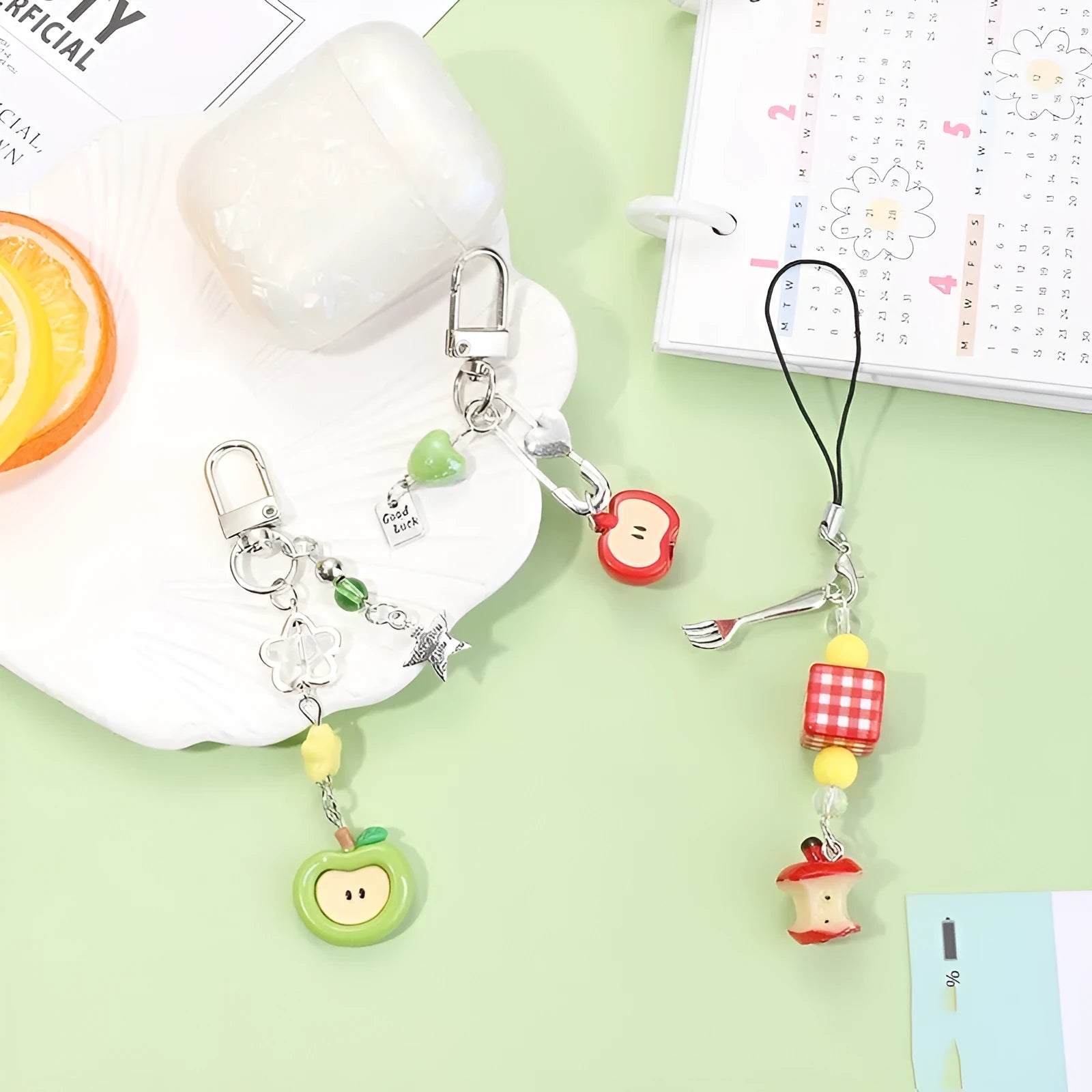 Fruit pattern mobile phone earphone bag pendant keychain with apple and strawberry designs