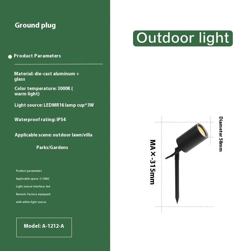 Outdoor aluminium ground lamp with stake base for garden lighting