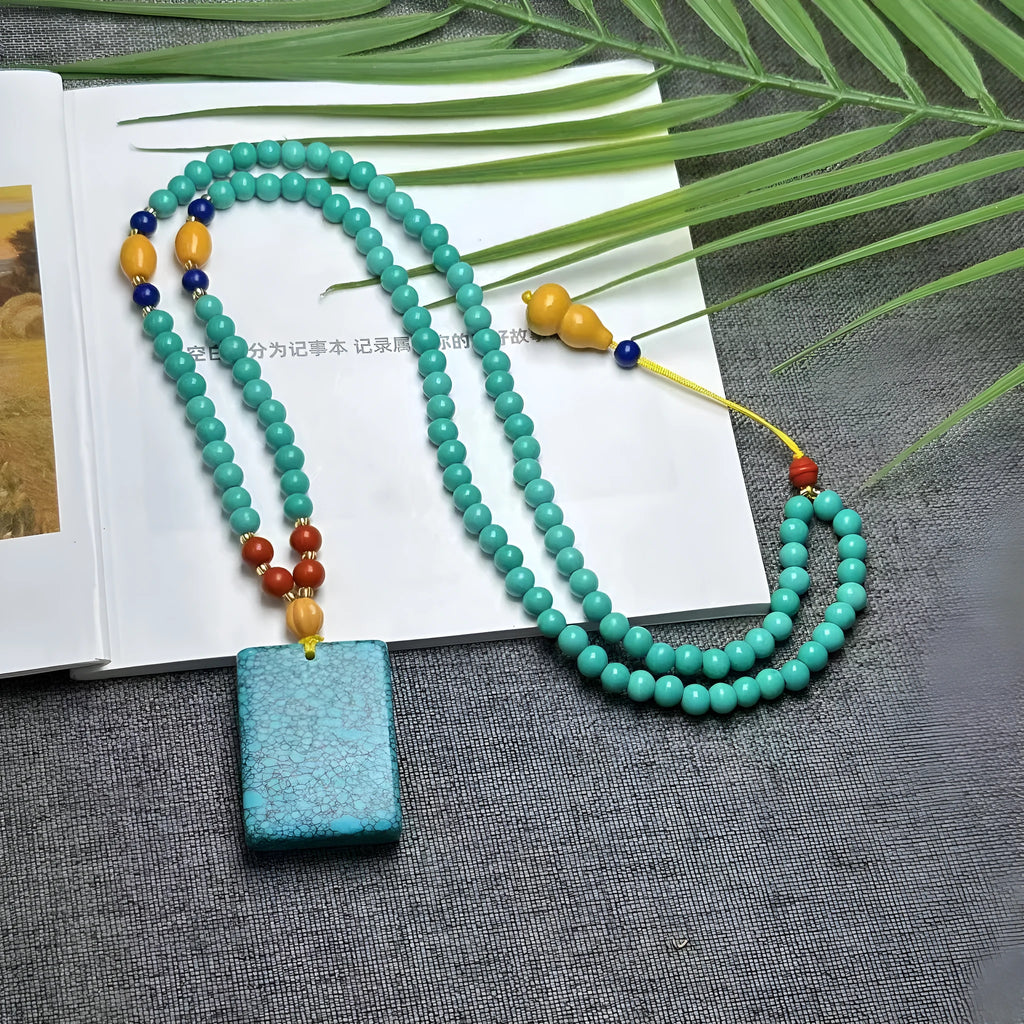 Turquoise mesh flower pendant necklace with adjustable ball bead chain