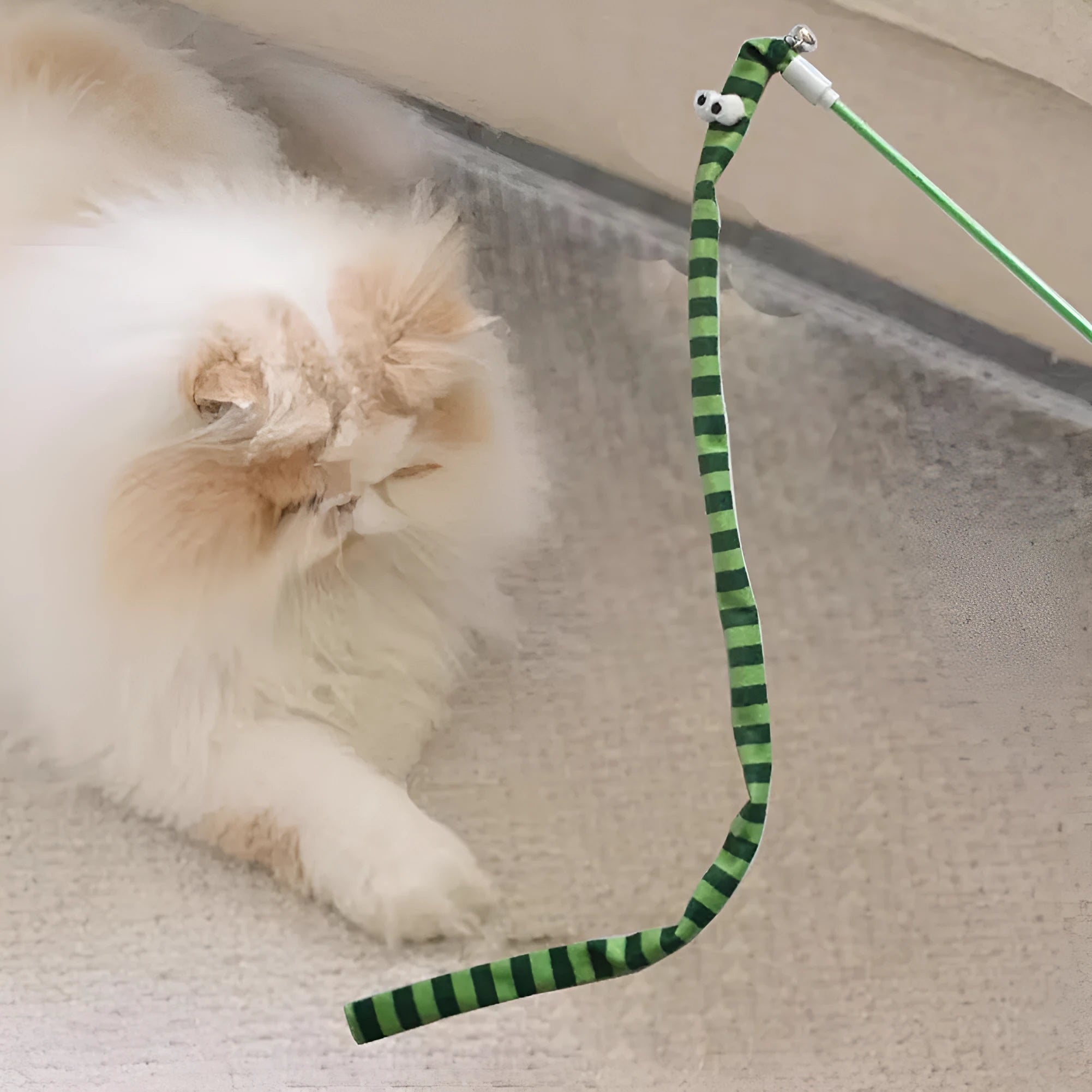 Colourful cat wand toy with long plush strip attachment for interactive play