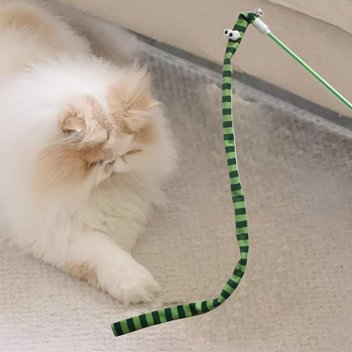 Colourful cat wand toy with long plush strip attachment for interactive play