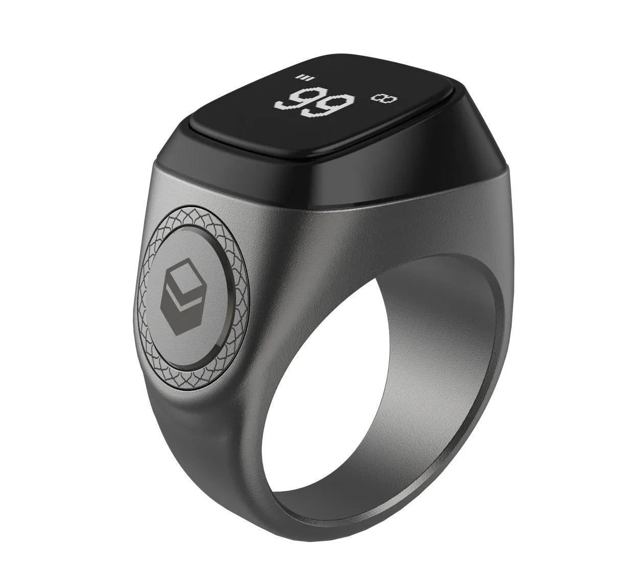 Zikr1 smart Islamic prayer counter ring with OLED display showing time and count, available in black, green, rose gold, and silver colours