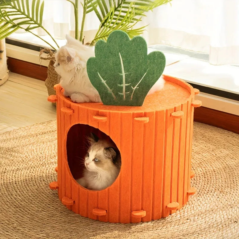Beige felt cat tunnel nest with a semi-enclosed design and round entry hole, shown next to a measuring tape indicating its size.