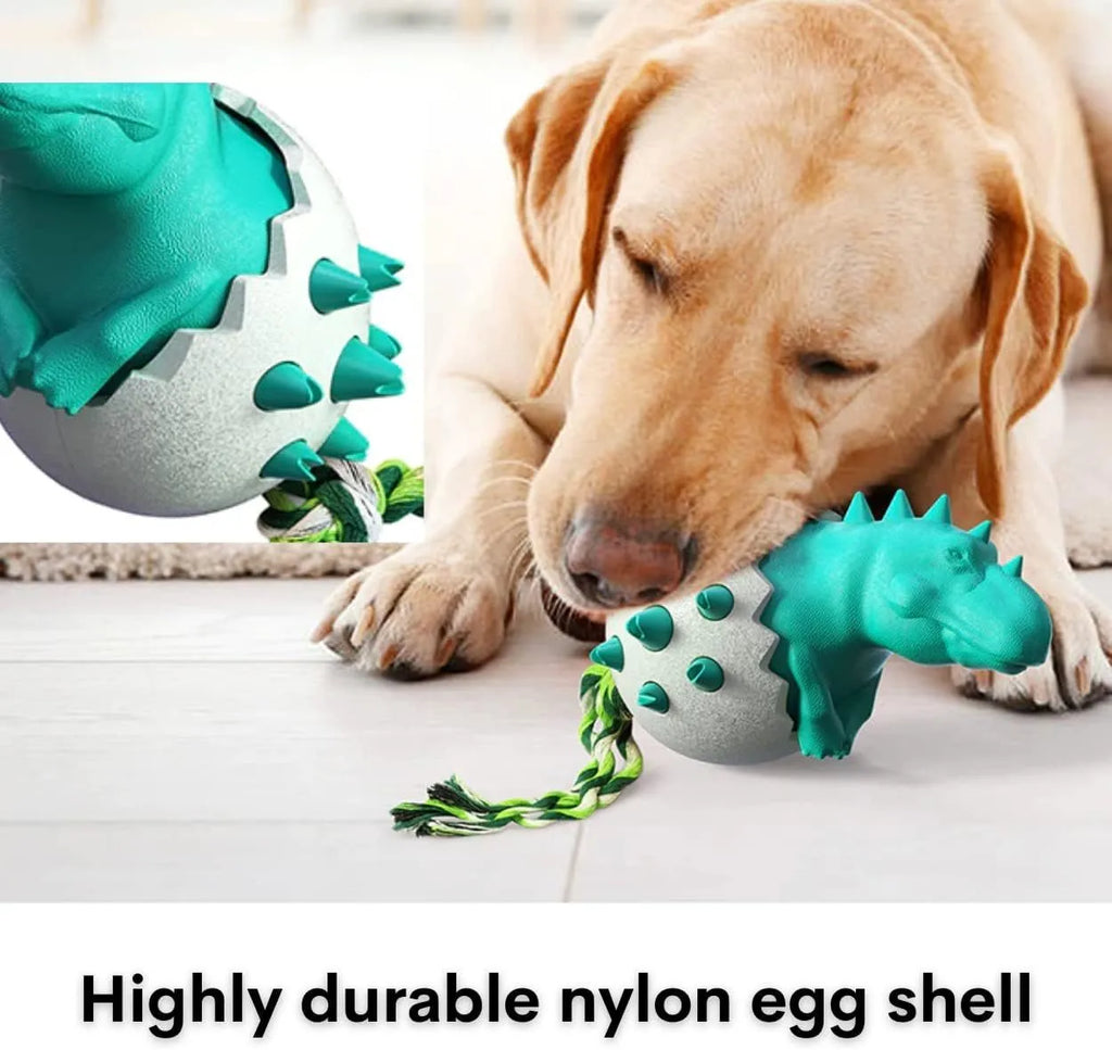 Durable dinosaur-shaped dog teething toy with rope attachment in blue, green, orange or yellow