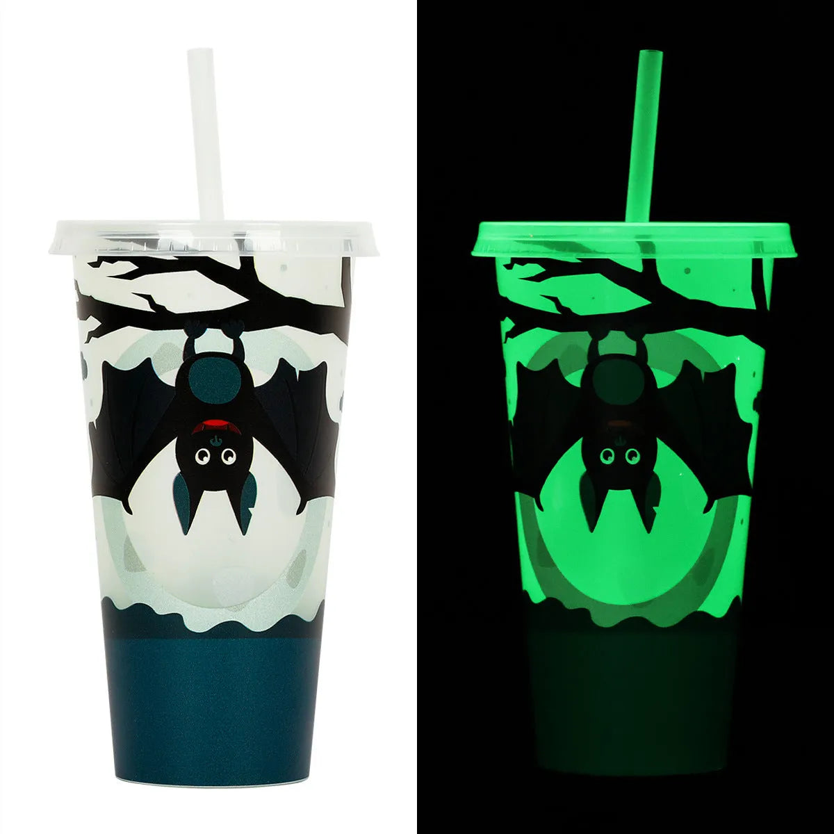 720ml plastic Halloween sippy cup with luminous straw showing cylindrical shape and six colour options