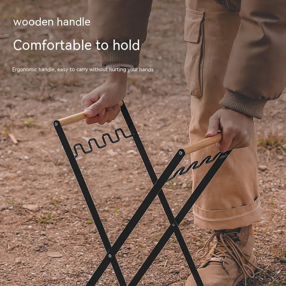 Wooden handle wrought iron folding garbage storage hanger with height adjustment mechanism