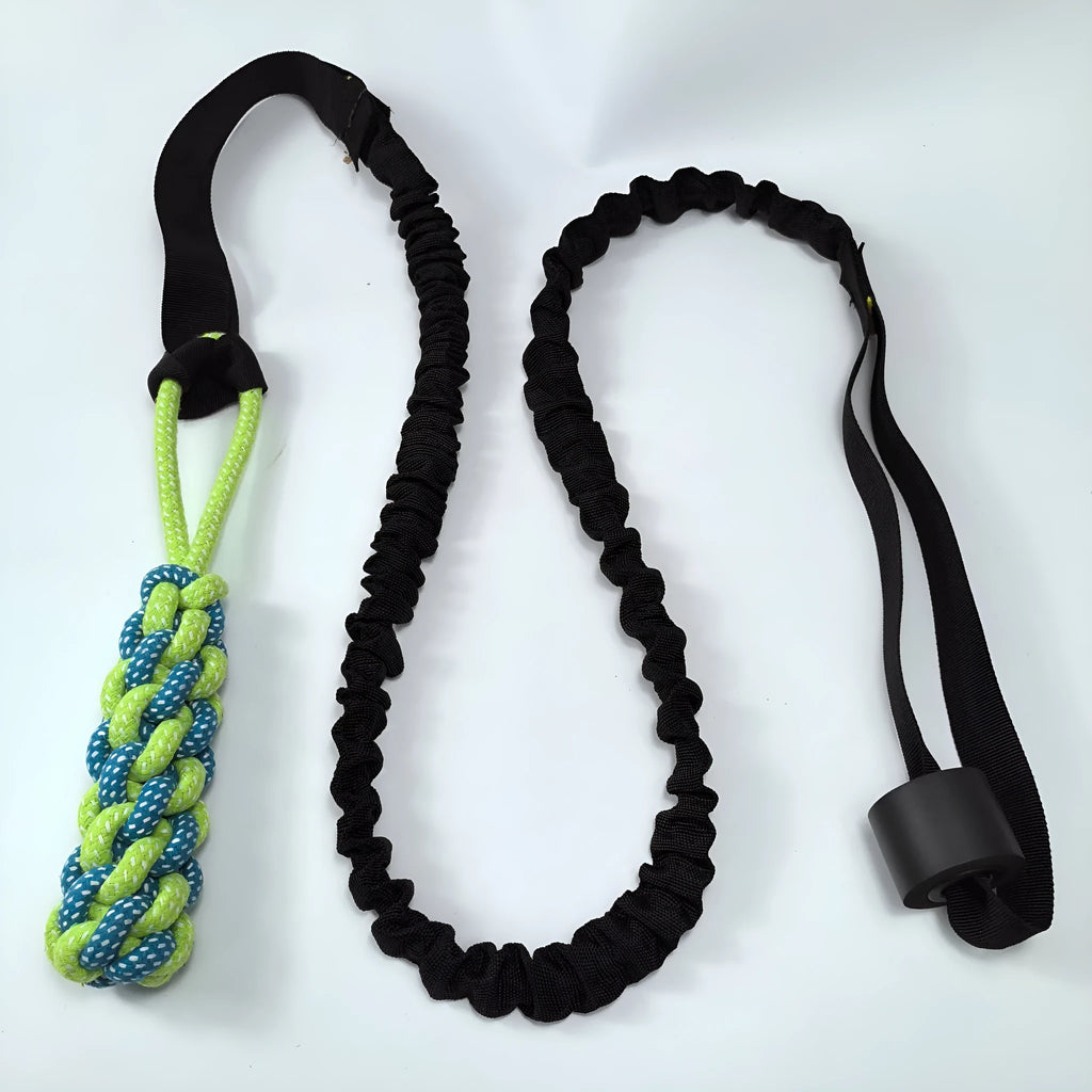 Green cotton rope dog tug toy with ball topper for tug of war games