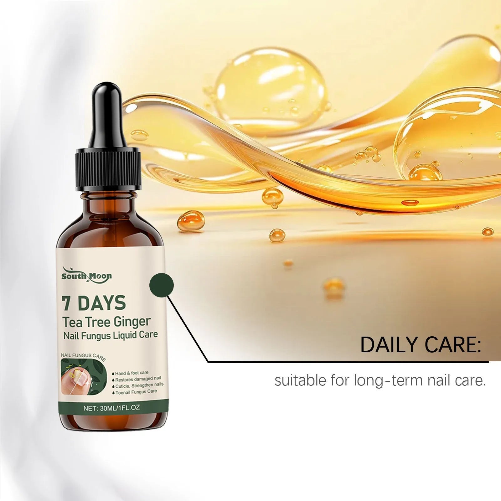 30ml bottle of clear nail care solution with mild brightening and nourishing formula