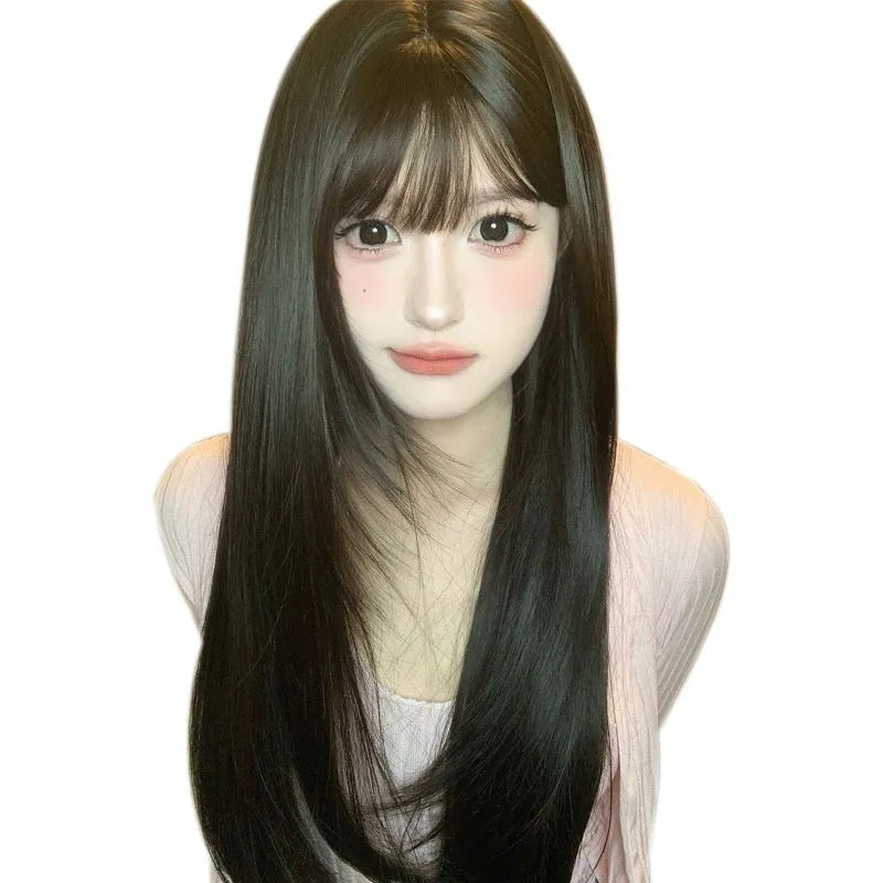 Dark brown women's wig with long straight hair and bangs for round face shapes