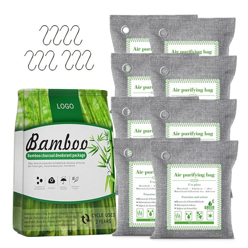 Bamboo charcoal wrapped activated carbon air purification pouches for formaldehyde removal in household settings