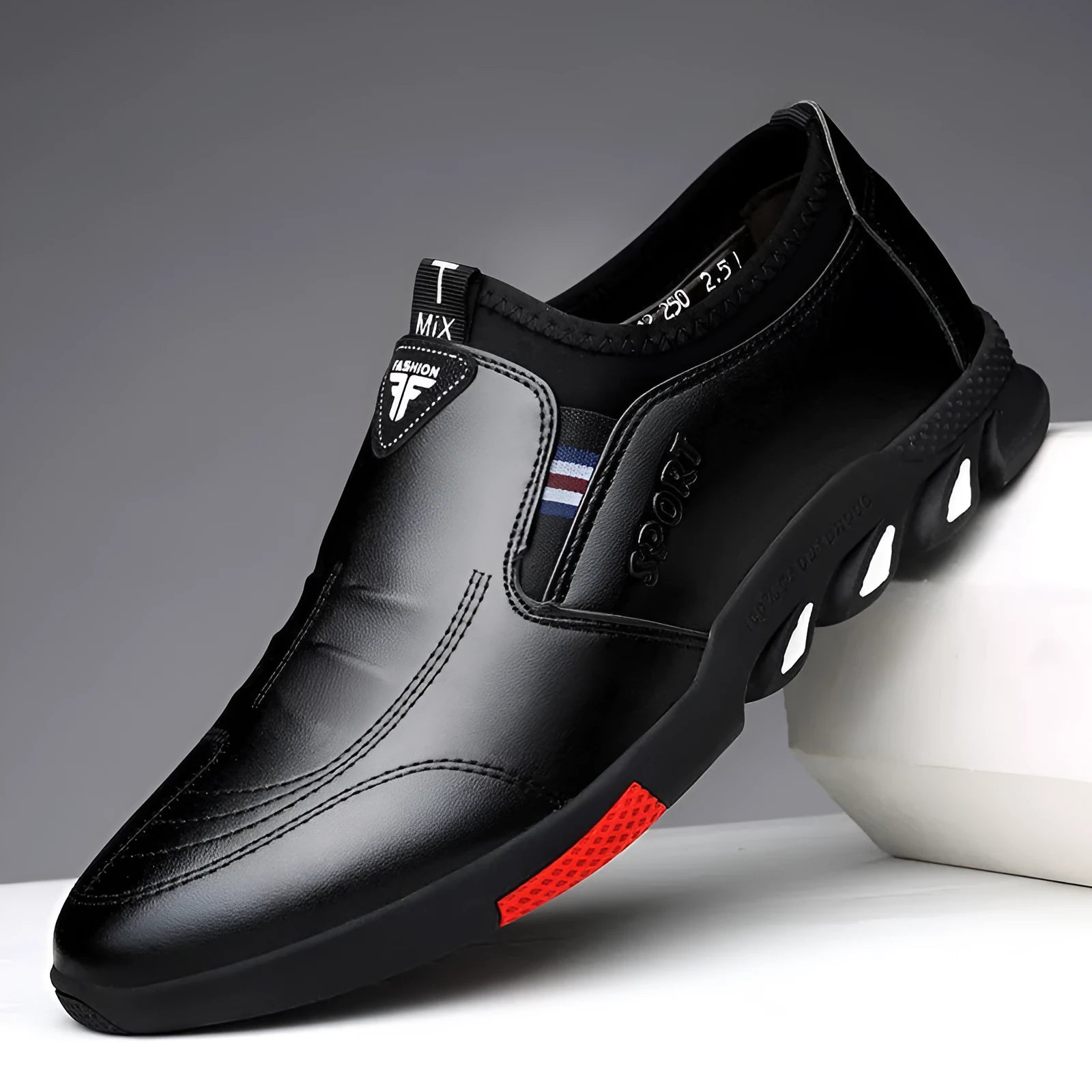 Men's black and brown PU business shoes with flat heel for spring, showing lace-up and slip-on style options