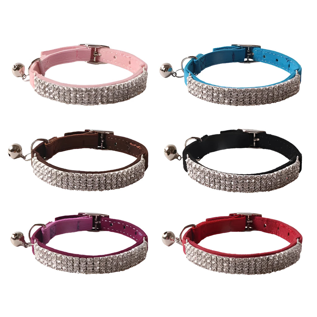 Colourful flocked cat collar with elastic buckle in pink, black, red, blue, purple, and dark brown options.