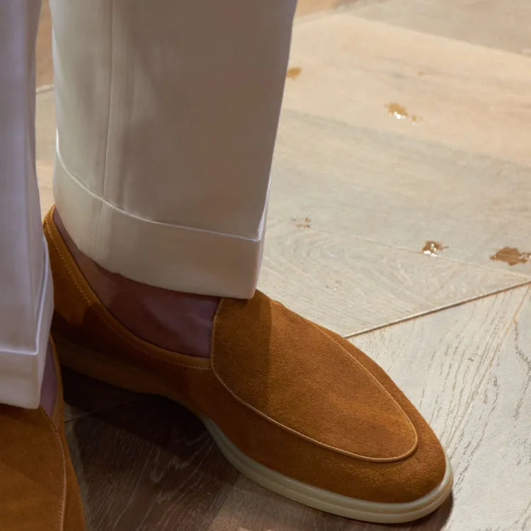 British handmade men's leather loafers in brown with a low tube ankle and TPR sole.