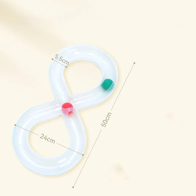 Blue and white cat turntable toy with ball track and teasing stick on wooden floor