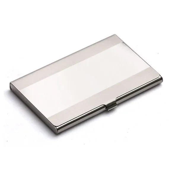 304 stainless steel business card case with geometric laser sculpture, measuring 92.5mm long