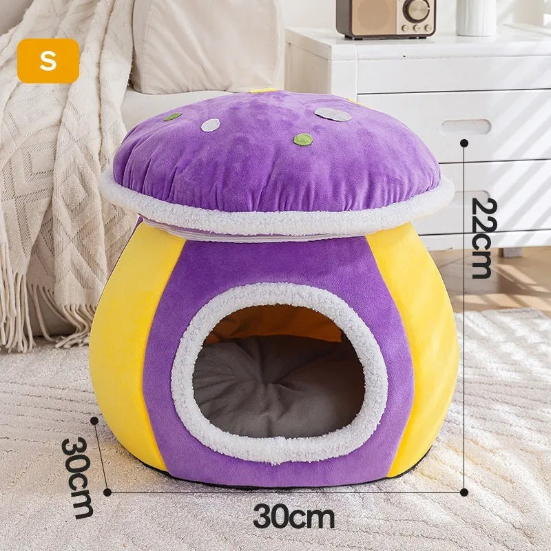 Grey mushroom-shaped plush cat bed with a detachable design and included blanket.
