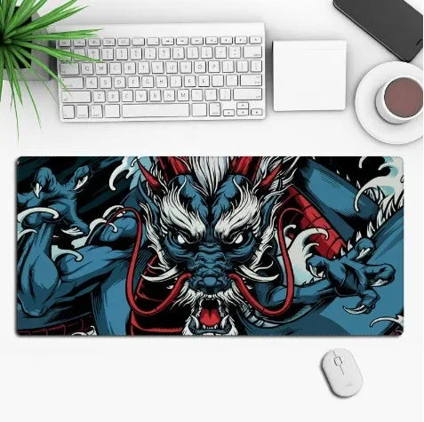 Hot anime series gaming mouse pad with colourful graphic, shown on a desk with a mouse.