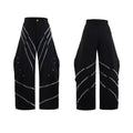 Men's polyester trousers with three-dimensional cut, metal striped rivets, and pleated front.