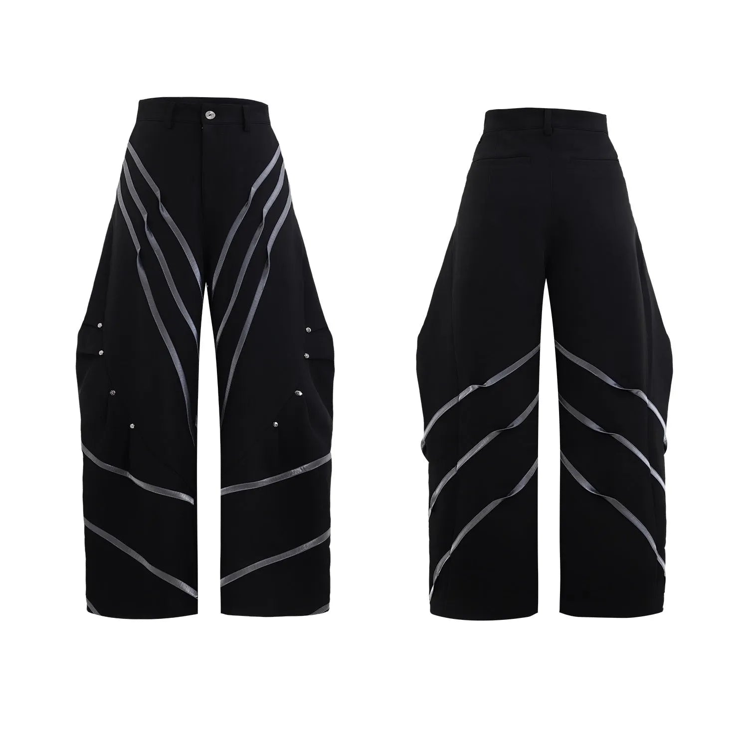 Men's polyester trousers with three-dimensional cut, metal striped rivets, and pleated front.