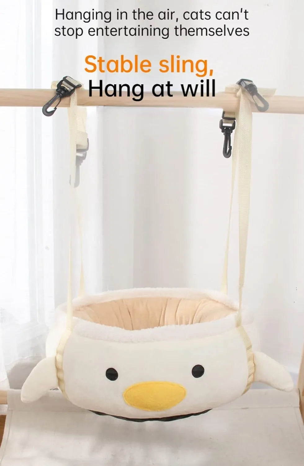 Green dinosaur and chick shaped cat bed shown both flat and hanging as a hammock