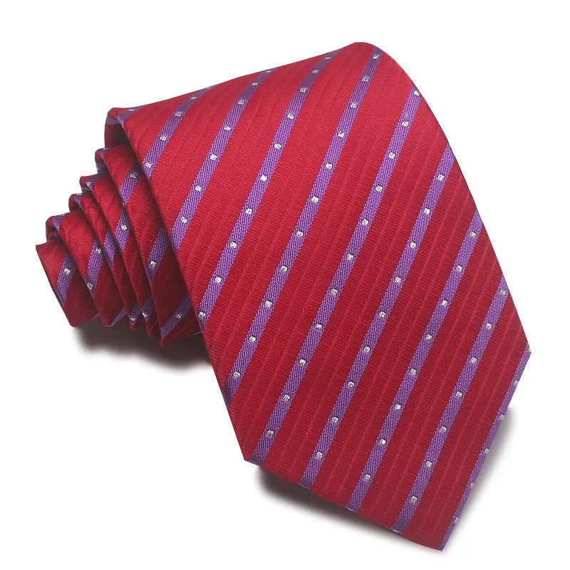 Men's 8cm polyester jacquard striped business tie in red black and blue formal arrow type