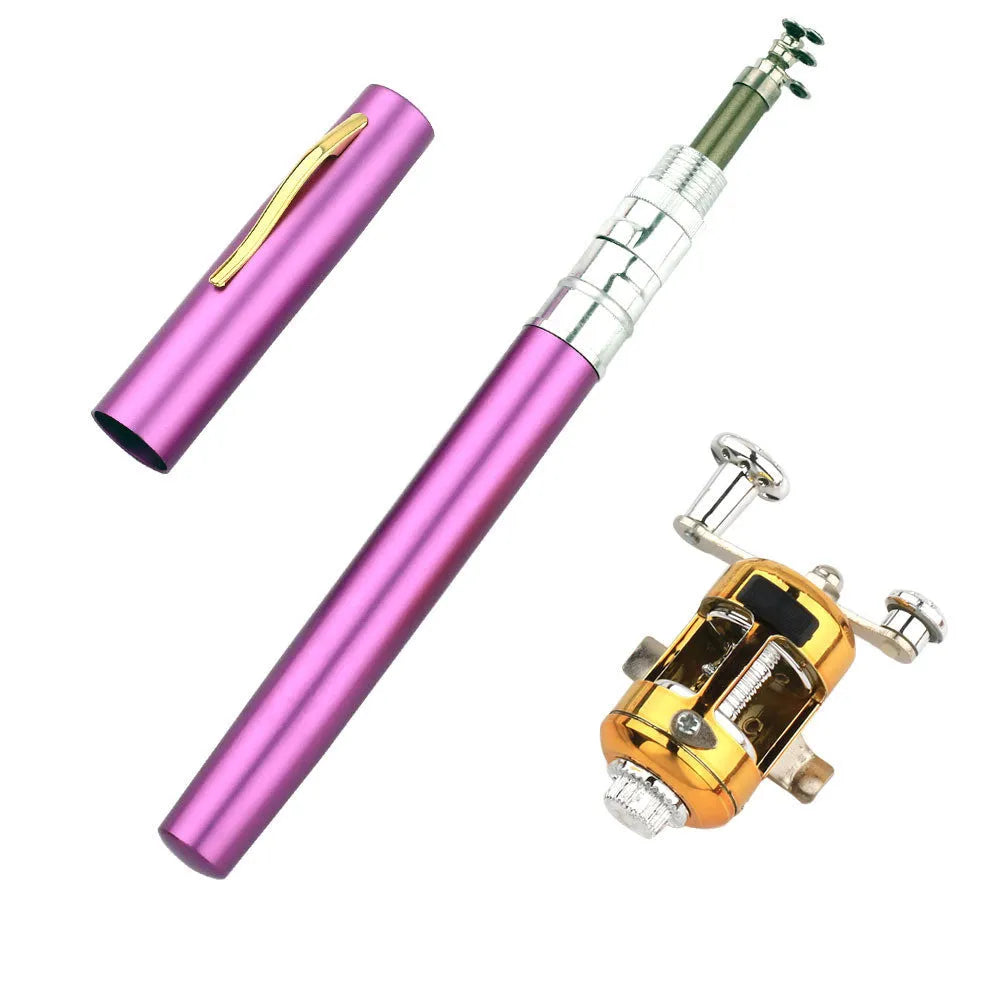 Telescopic pen fishing rod kit with aluminium case shown in gold colour alongside extended 1 metre fibreglass rod and ST5RL fishing reel