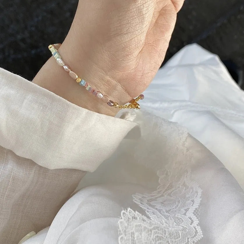 Women's 14K gold gilded natural pearl mini bracelet with irregular silver pieces and matching necklace