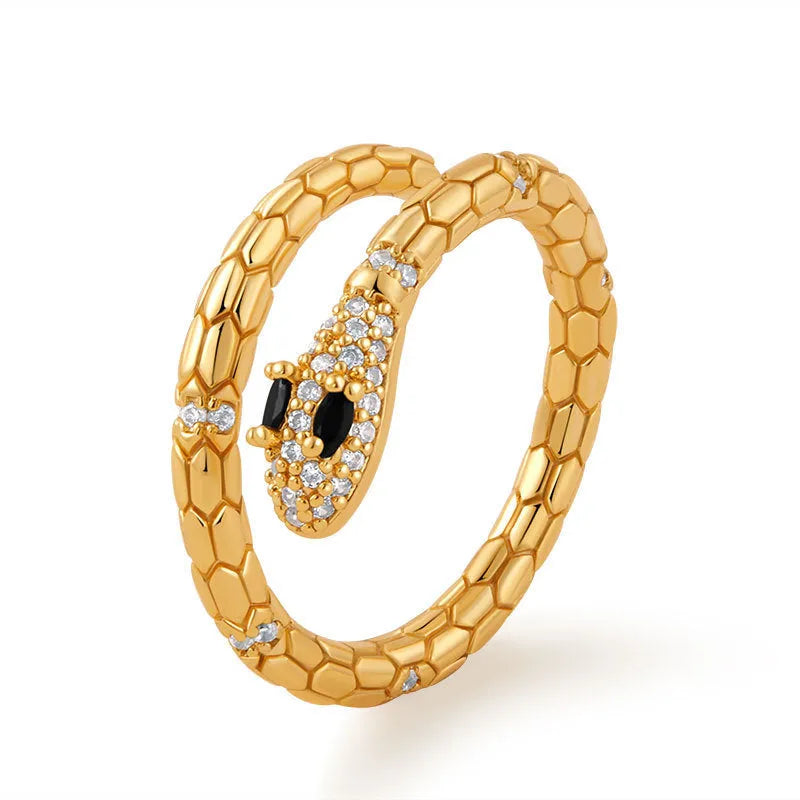 Adjustable copper snake ring with 18K gold plating on index finger