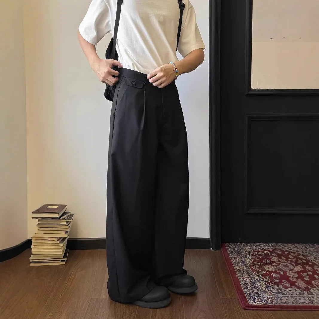Men's straight-leg loose wide-leg trousers in chemical fibre blend fabric available in brown or black