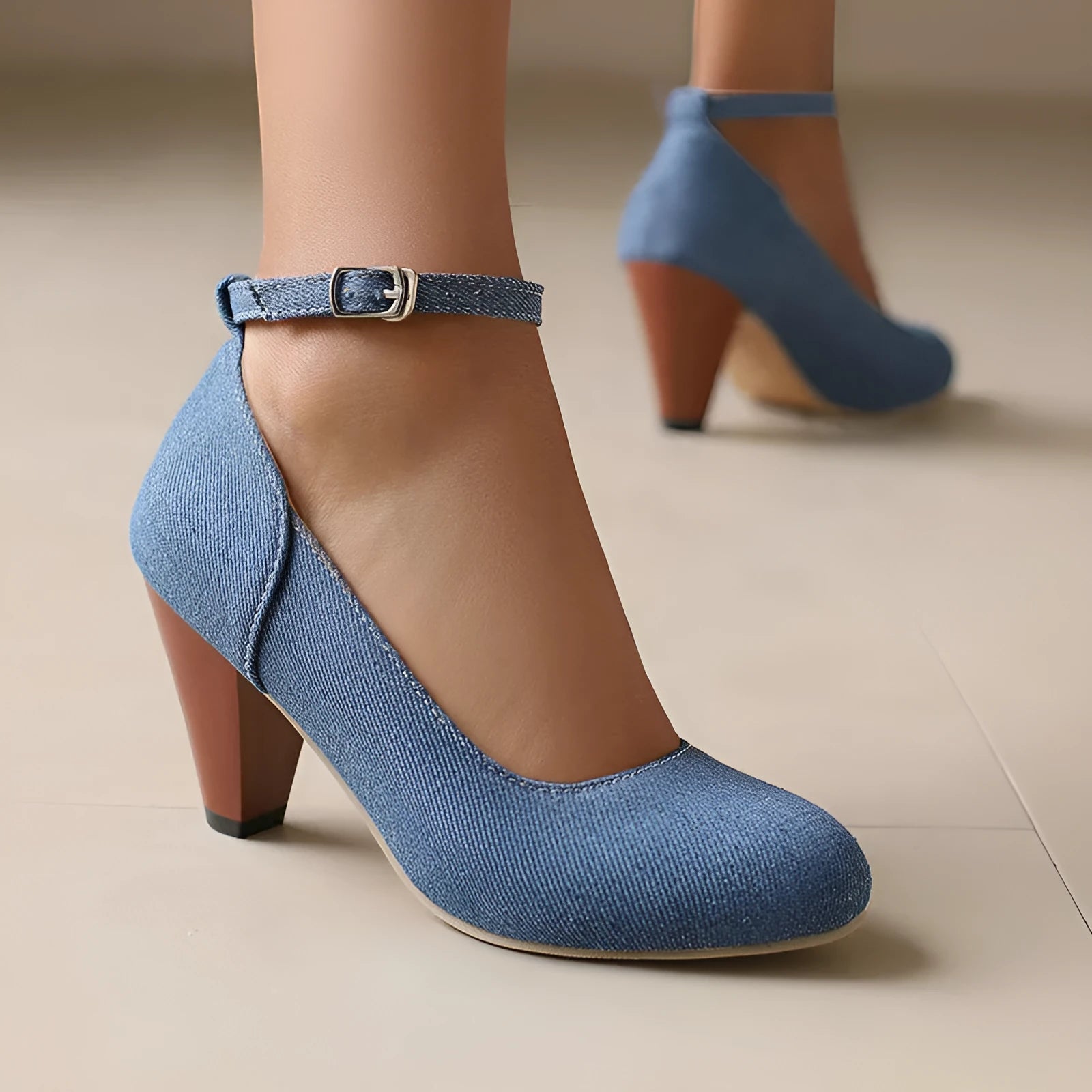 Blue denim women's platform heels with buckle closure and waterproof construction