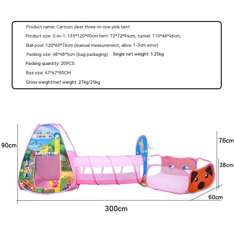 Colourful marine cartoon children's tent with integrated ball pool and crawl tunnel