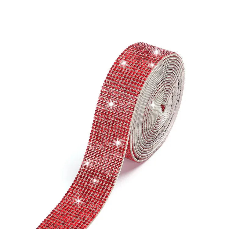 Self-adhesive glass water drill strip on fabric in white and AB colour, showing 0.9cm, 1.7cm, and 2.6cm width options.