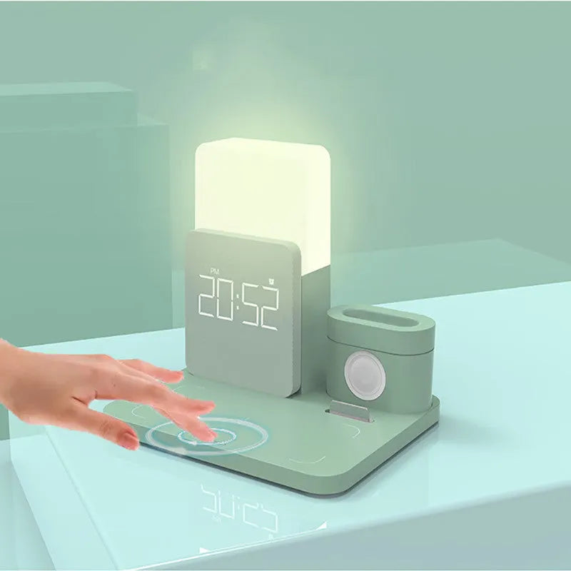 3-in-1 Qi wireless charging stand in dark green colour with phone, earbuds and smartwatch charging simultaneously