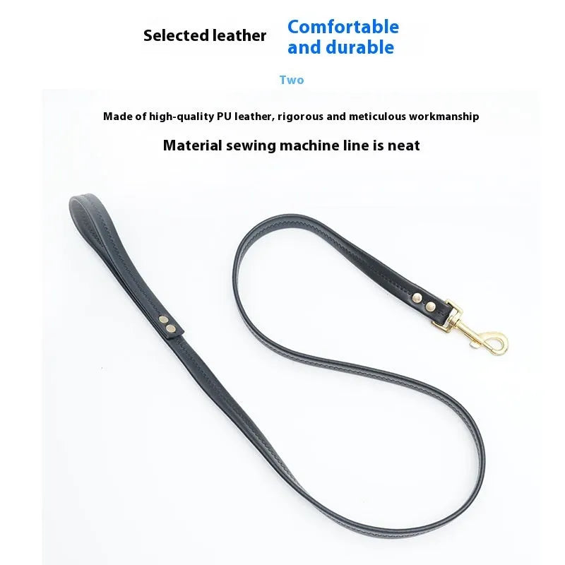 Roran black PU leather adjustable dog lead with clip, shown at medium length