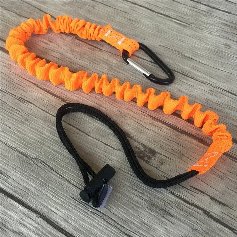 Orange fishing rod safety rope with clip, 90cm long, for fall protection.