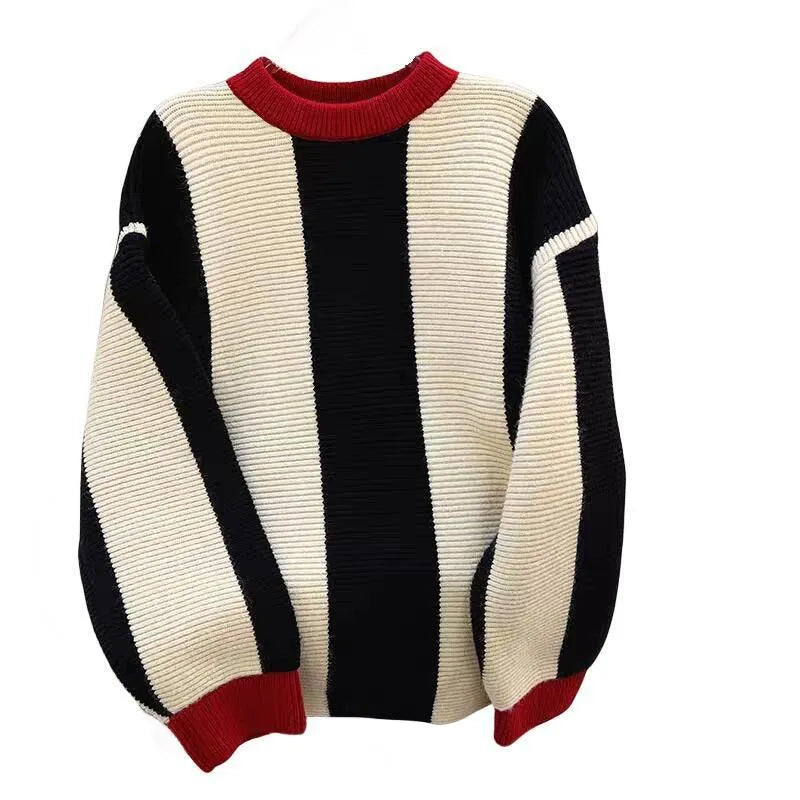 Women's striped cashmere sweater with contrast colour and round neck in Japanese Korean casual style