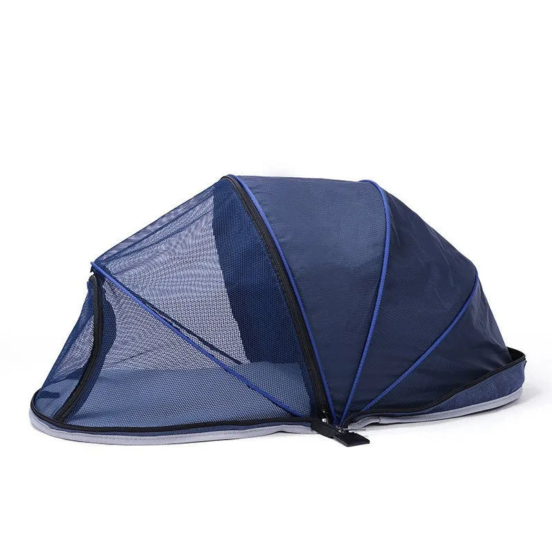 Portable cat folding tent in L code size with half mesh panels shown folded and set up