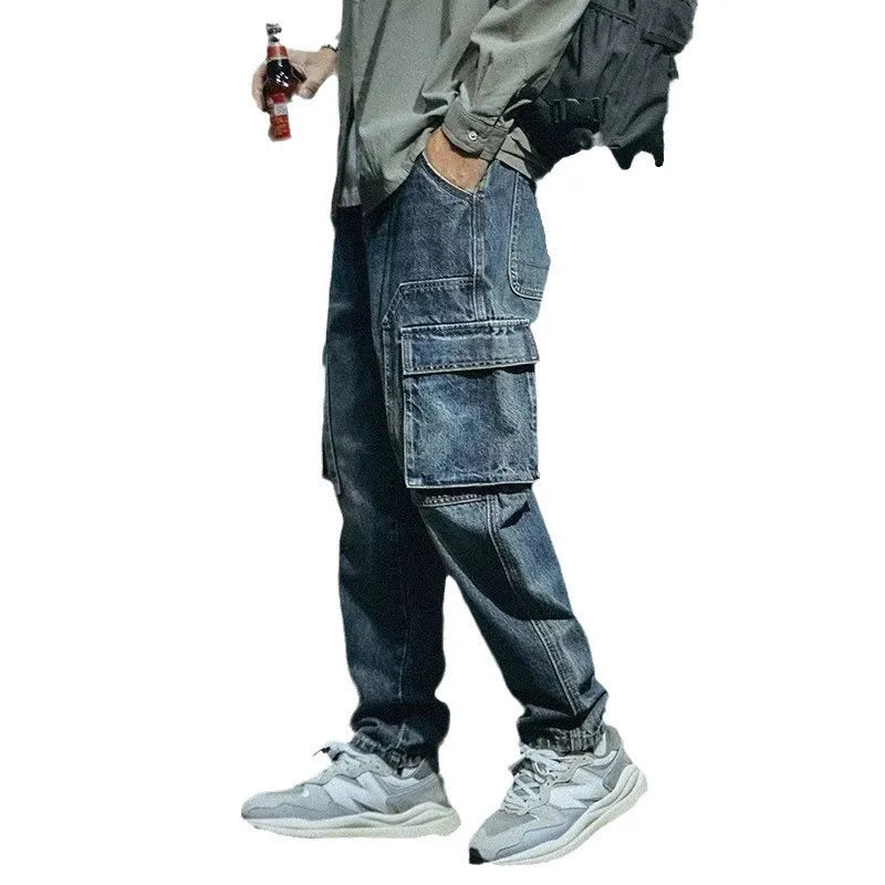 Men's blue loose straight jeans with zip fly in retro style